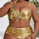 Swim Curve Conjunto De Traje De Bano Separado Plus Size De Color Solido Con Material Especial, Soporte De Alambre Y Copa Dura