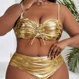 Swim Curve Conjunto De Traje De Bano Separado Plus Size De Color Solido Con Material Especial, Soporte De Alambre Y Copa Dura