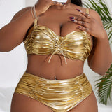 Swim Curve Conjunto De Traje De Bano Separado Plus Size De Color Solido Con Material Especial, Soporte De Alambre Y Copa Dura