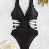 Swim Mujer Traje De Bano De Una Pieza unicolor Ahuecado Con Cintura Recortada Para Verano, Playa, Natacion, Vacaciones