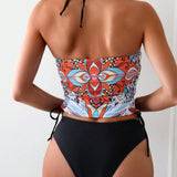 Swim Traje De Bano De Bikini De 2 Piezas Con Nudo Lateral Y Cuello Halter Impreso Para Mujeres