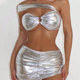 Conjunto De Bikini De Cuello Asimetrico Metalizado