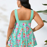 Swim Lushore Conjunto De Traje De Bano Tankini Con Espalda En V Y Estampado Floral Para Talla Grande