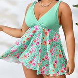 Swim Lushore Conjunto De Traje De Bano Tankini Con Espalda En V Y Estampado Floral Para Talla Grande