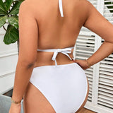 Swim Curve Traje de bano de dos piezas blanco para mujeres de talla grande con diseno de cadena halter