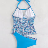 Swim Conjunto de tankini con cuello halter de estampado aleatorio con cosecha sin mangas y recorte hueco y Bottom de triangulo