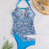 Swim Conjunto de tankini con cuello halter de estampado aleatorio con cosecha sin mangas y recorte hueco y Bottom de triangulo