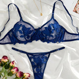 Conjunto de lenceria sexy azul bordado transparente con copa completa