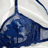 Conjunto de lenceria sexy azul bordado transparente con copa completa