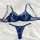 Conjunto de lenceria sexy azul bordado transparente con copa completa