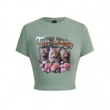 Oddis Camiseta Corta Ajustada Con Cuello Redondo Y Estampado De Gatos, Flores Y Letras