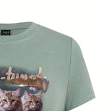 Oddis Camiseta Corta Ajustada Con Cuello Redondo Y Estampado De Gatos, Flores Y Letras