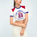 Forever 21 Camiseta Corta De Bloques De Color Con Estampado De Letras Y Numeros Para Mujeres