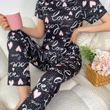 Conjunto De Pijama De Mujer Con Impresion De Letra, Corazon Y Lunares