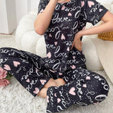 Conjunto De Pijama De Mujer Con Impresion De Letra, Corazon Y Lunares