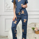Conjunto De Pijama Para Mujeres Con Estampado De Letra Y Encantador Oso