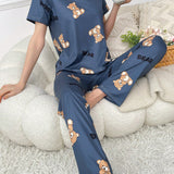 Conjunto De Pijama Para Mujeres Con Estampado De Letra Y Encantador Oso