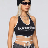 Coolane Top Con Cuello Halter Y Estampado De Letras Con Lazo En La Cintura Para Mujer