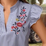 Camisa De Vacaciones De Verano Informal De Manga Corta Con Cuello Con Muescas Estampada A Rayas Azules Y Blancas De a Grande