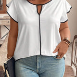 Plus Size Colorblocking Round Neck Hollow Out Ruffle Trim Decor Casual T-Shirt