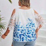 Blusa De a Grande Con Estampado Floral, Parche De Encaje Y Hombros Descubiertos En Escote Redondo Para Verano