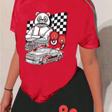 Slayr 2 Piezas/set Camiseta De Manga Corta Cuello Redondo Con Estampado De Oso Y Coche De Carreras Con Pantalon Corto