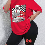 Slayr 2 Piezas/set Camiseta De Manga Corta Cuello Redondo Con Estampado De Oso Y Coche De Carreras Con Pantalon Corto