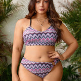 Swim Curve Conjunto De Traje De Bano De Talla Grande Con Estampado Vintage Y Paneles De Tela