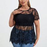 Prive Blusa Negra De a Grande Con Cuello Redondo, Mangas Cortas Huecas De Encaje, Perfecta Para Citas, Cenas Y Viajes