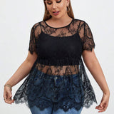 Blusa Negra De a Grande Con Cuello Redondo, Mangas Cortas Huecas De Encaje, Perfecta Para Citas, Cenas Y Viajes