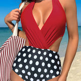 Swim Vcay Traje De Bano De Una Pieza Para Mujer Con Estampado De Lunares, Diseno De Cintura Hueca Y Parche Con Estilo De Empalme