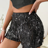 Glamour Pantalones Cortos Con Lentejuelas Y Borlas De Cintura Elastica