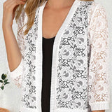 Cardigan de manga 3/4 acanalado con encaje flor de camelia spliceado