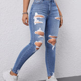 EZwear Jeans Ajustados De Mujer Envejecidos