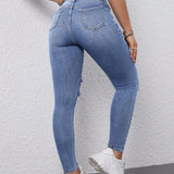 EZwear Jeans Ajustados De Mujer Envejecidos