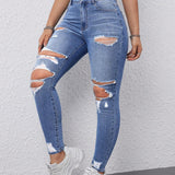 EZwear Jeans Ajustados De Mujer Envejecidos