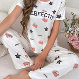 Conjunto De Pijama Para Senoras Con Diseno De Osito, Estrella Y Letras