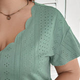 LUNE Plus Size Women's Green Wave Collar Short Sleeve T-Shirt