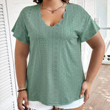 LUNE Plus Size Women's Green Wave Collar Short Sleeve T-Shirt