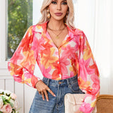 VCAY Blusa de mujer de gasa con estampado floral de estilo de pintura al oleo