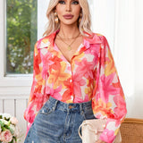 VCAY Blusa de mujer de gasa con estampado floral de estilo de pintura al oleo