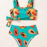 Conjunto De Bikini Con Estampado De Frutas Y Lazo Decorativo Para Mujer
