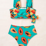 Conjunto De Bikini Con Estampado De Frutas Y Lazo Decorativo Para Mujer