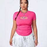 Coolane Plus Size Women'S Slim-Fitting Short Sleeve T-Shirt With Hollow Out Letters Embroidery Y2K For Women