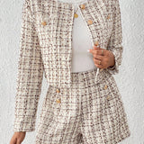 Frenchy Chaqueta Y Pantalones Cortos De Tweed Con Botones Y Cuello Redondo