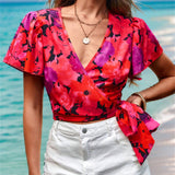 VCAY Camisa Floral Envolvente De Vacaciones Para Mujer Con Lazo En La Parte Delantera