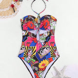 Swim Traje De Bano De Una Pieza Con Estampado De Personajes De Dibujos Animados Para Mujer Con Tirantes Al Cuello