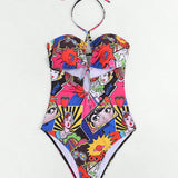 Swim Traje De Bano De Una Pieza Con Estampado De Personajes De Dibujos Animados Para Mujer Con Tirantes Al Cuello