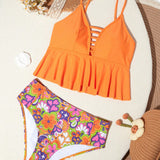Swim Conjunto de tankini con impresion floral de contraste para traje de bano de playa de verano