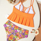 Swim Conjunto de tankini con impresion floral de contraste para traje de bano de playa de verano